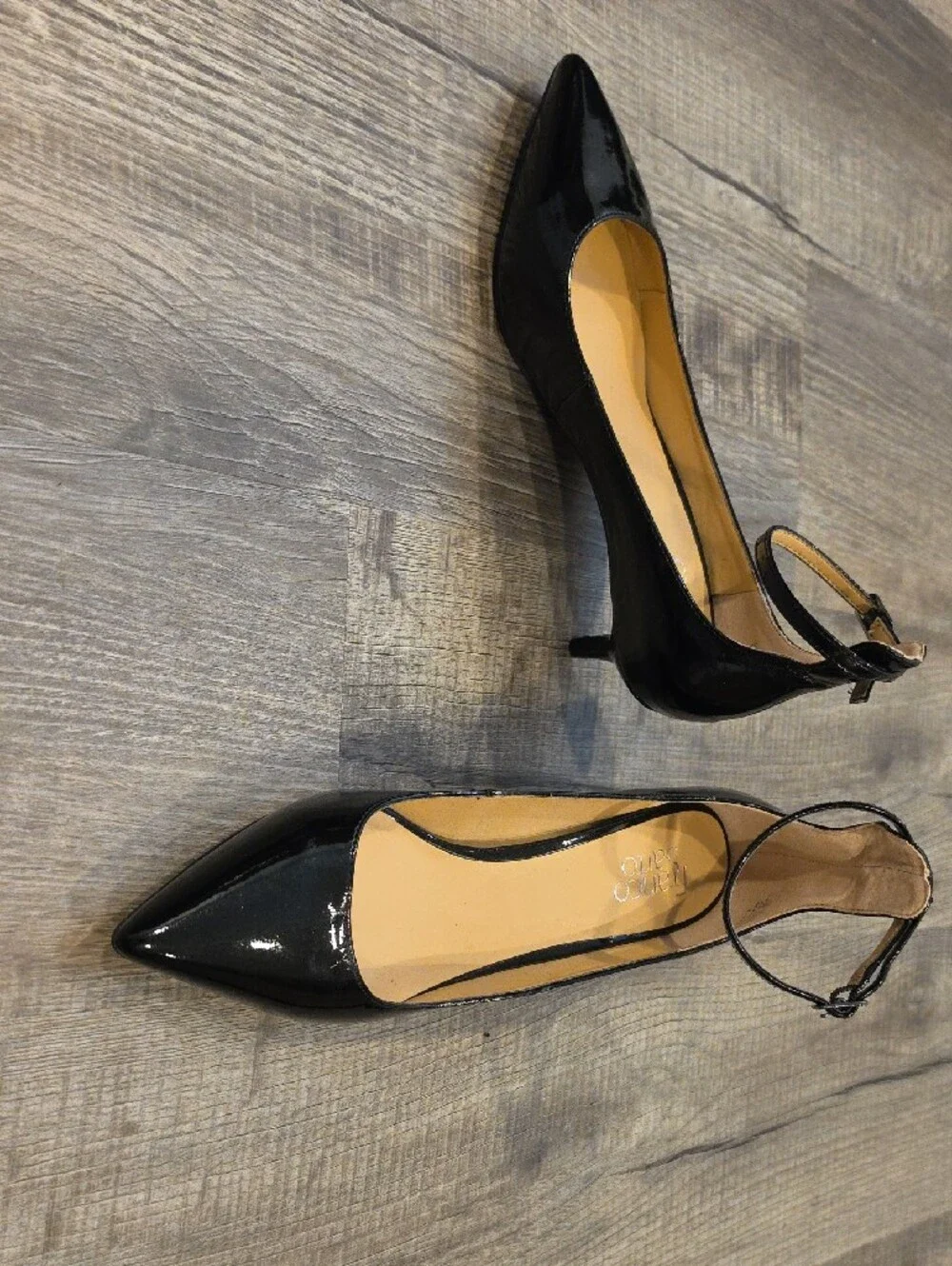Franco Sarto Black Patent Pointed-Toe Ankle-Strap Kitten Heels - Picture 2 of 7